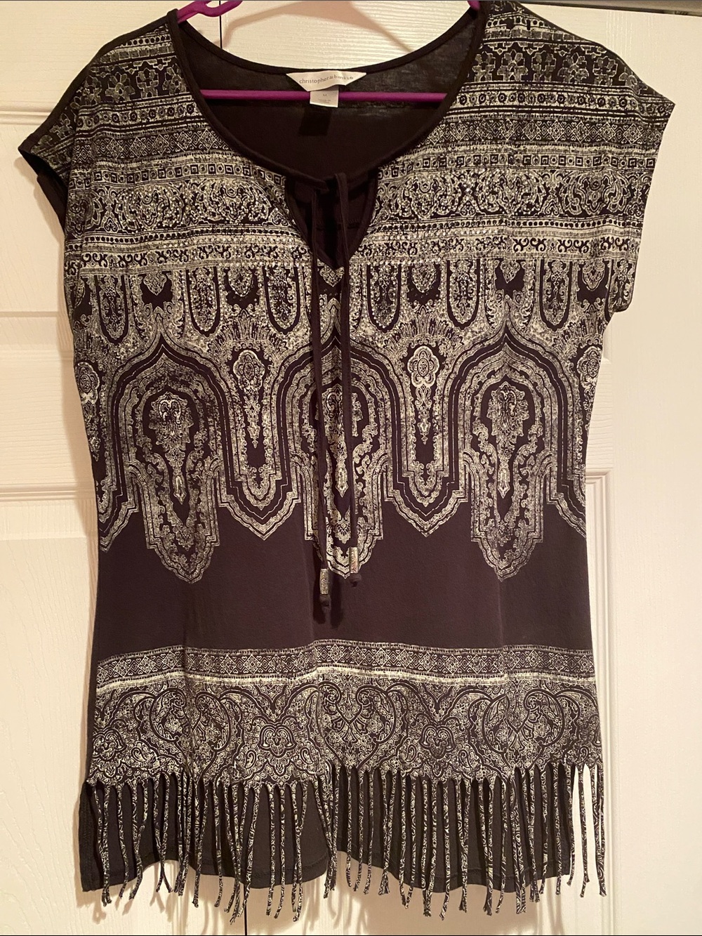 Christopher & Banks Black & White Top with Silver Studs & Fringe - M